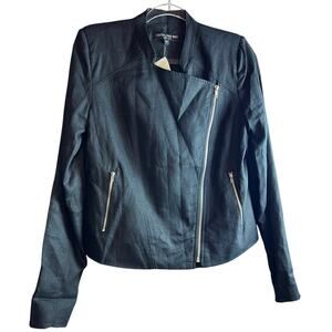 NWT Central Park West Eb Pepper Black 100% Linen Moto Jacket Size Medium